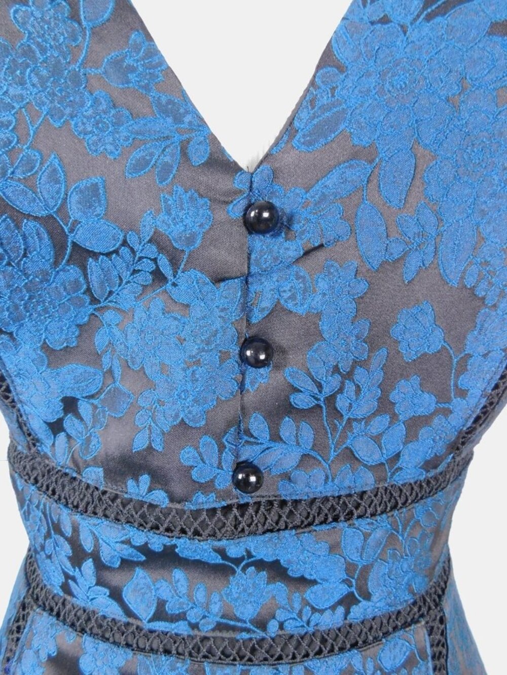 Blue & Black Floral Jacquard Dress With Ruffle Hem Small V-Neck And Cap Sleeves - Picture 5 of 12
